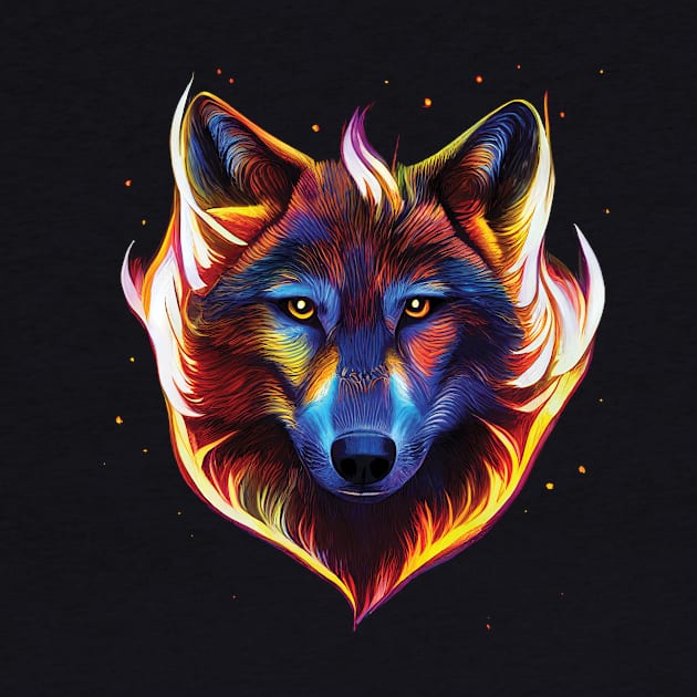 Flaming wolf pattern. Bold Striking Image on a black or blue background by Geminiartstudio